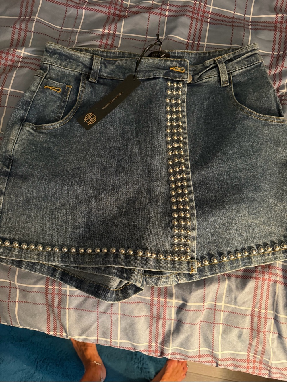House of Harlow 1960 Blue Denim Mini Skirt with Silver Stud Trim 6 NWT